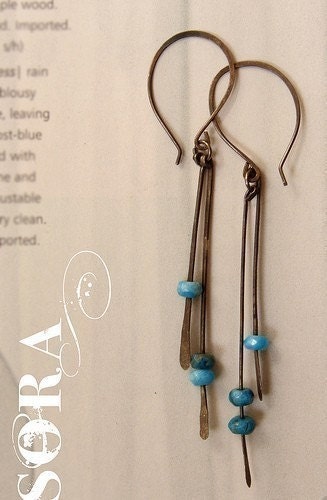 blue stones earrings - sleek modern metal earrings, blue agates oxidized sterling silver hammered earrings