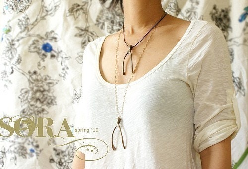 Wishbone Statement necklace, Big Wishbone Necklace, actual wishbone, life size brass wishbone long necklace