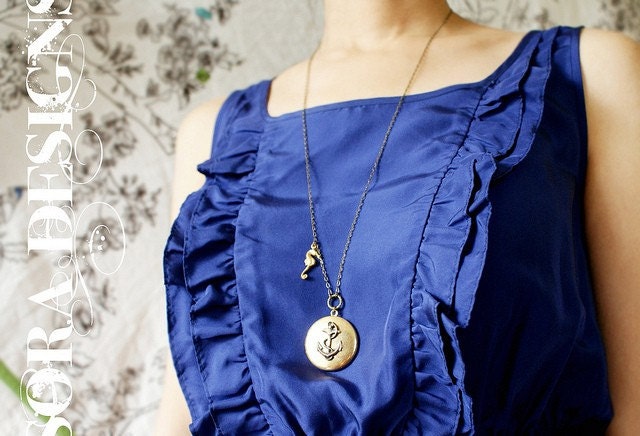 Anchor Locket Necklace, seahorse necklace - long anchor locket necklace nautical anchor seahorse necklace