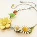 Vintage Yellow Buttercup Daisy Green Bird Necklace, Vintage Brooch orange flower bird necklace