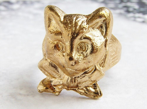 Gold Cat Ring, Kitten Gentleman with bow tie - unisex gold adjustable cat ring