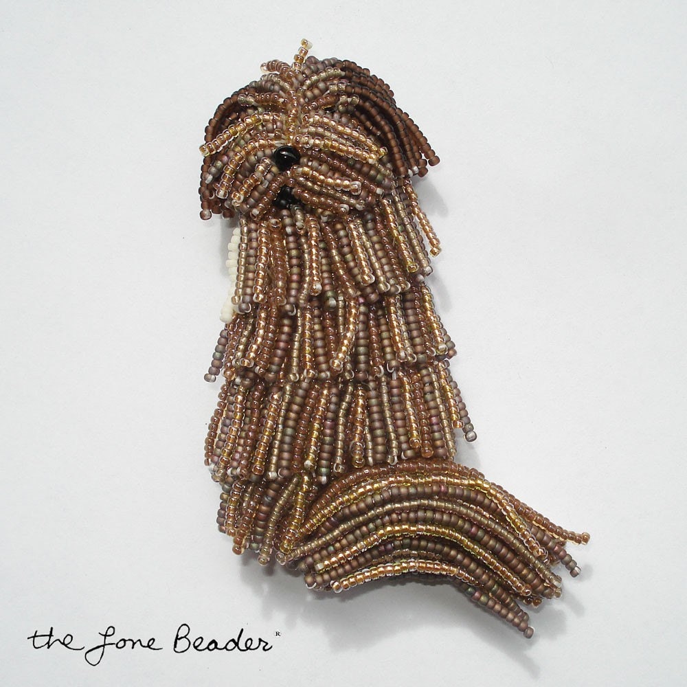 SALE Beaded English / Polish Lowland sheepdog bead art dog pin jewelry (Ready to Ship)