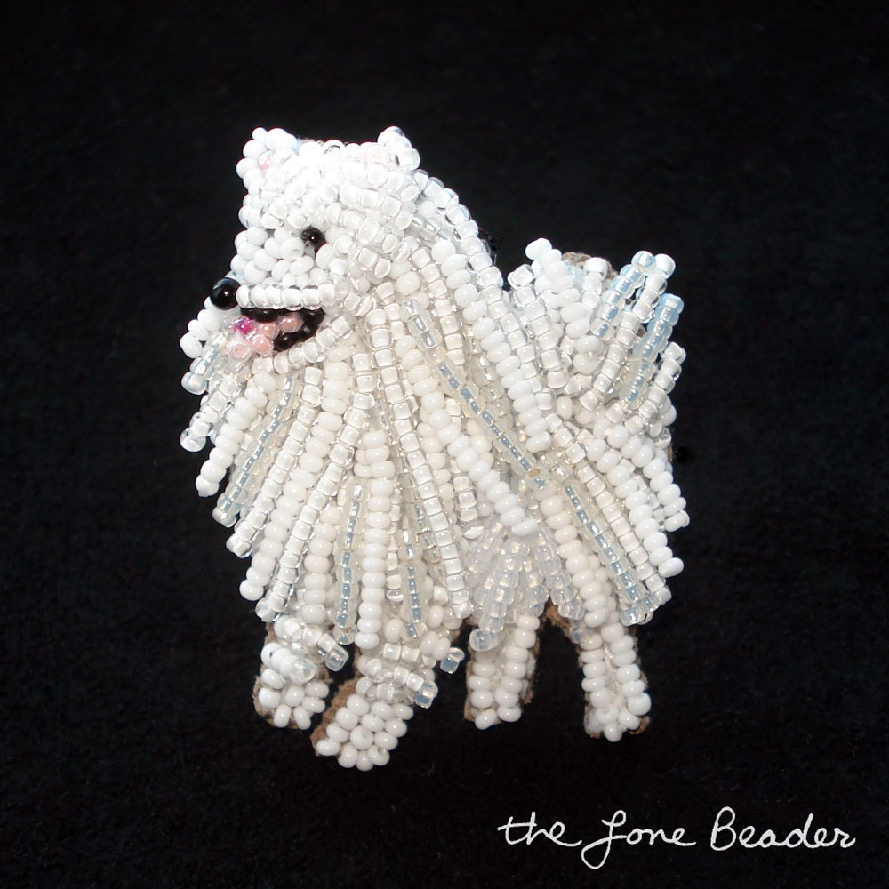 Beaded American Eskimo or Samoyed dog pin/ pendant art jewelry brooch (Made to Order)