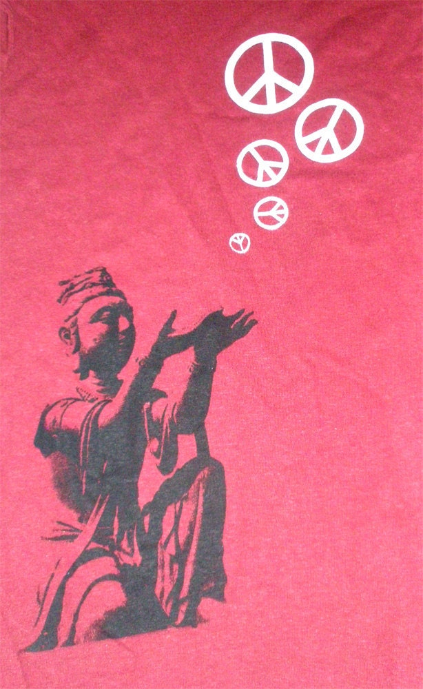 Hemp Mens Tshirt - Buddha Manifesting Peace - Buiddha Statue and White Peace signs