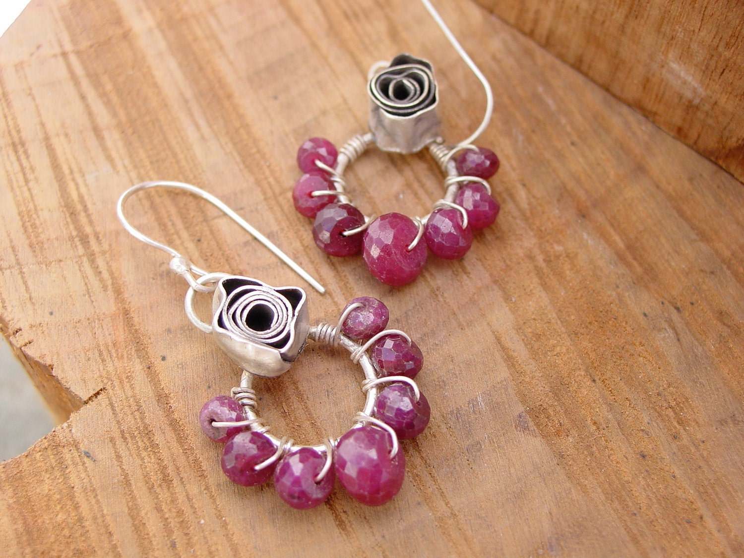 Ruby Bead Wire Wrapped Sterling Silver Dangle EarringsRosey Posey Collection