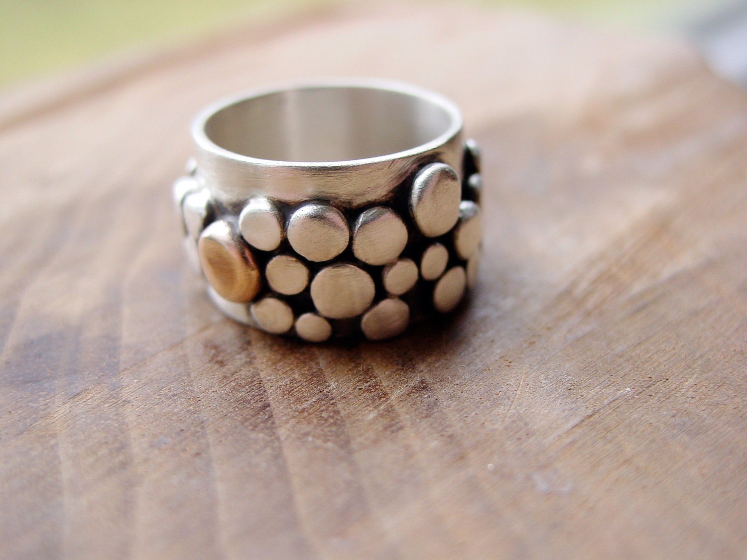 Sterling Silver Bubble Band Ring with silver and 14kt gold dots