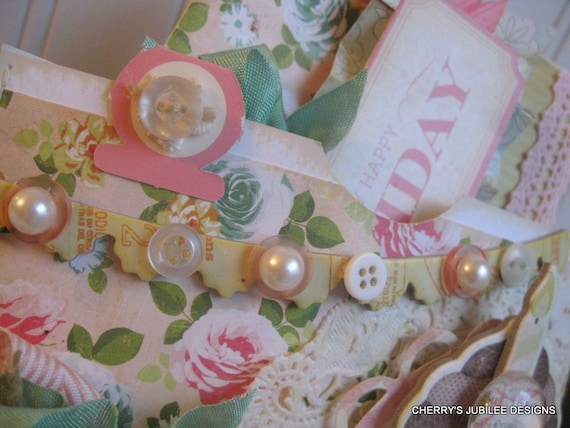 shabby chic Birthday cheer embellished pocket envelope and matching card decoration gift set