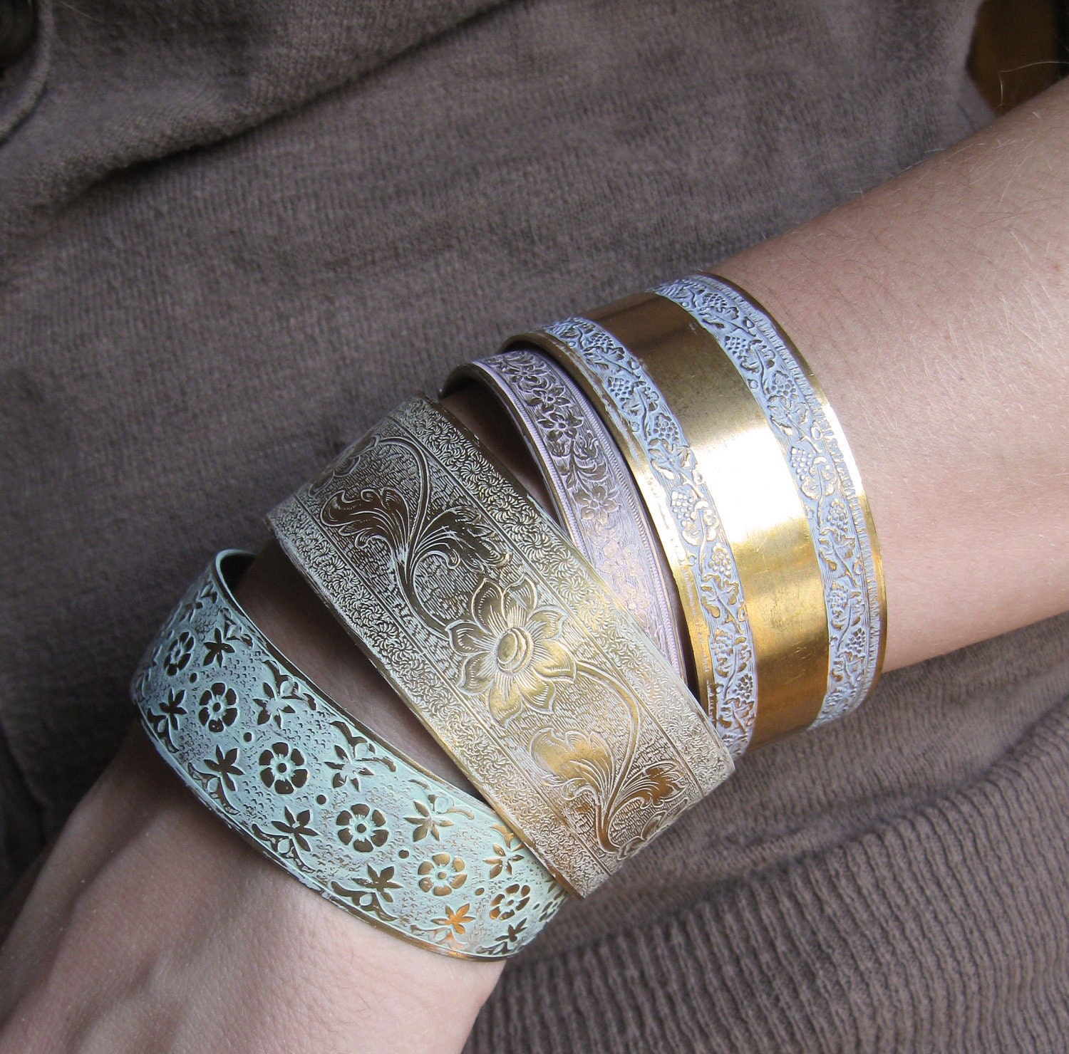 Aqua Cuff Bracelet . Weathered Shabby Chic Brass Cuff Bracelet . Floral Pattern