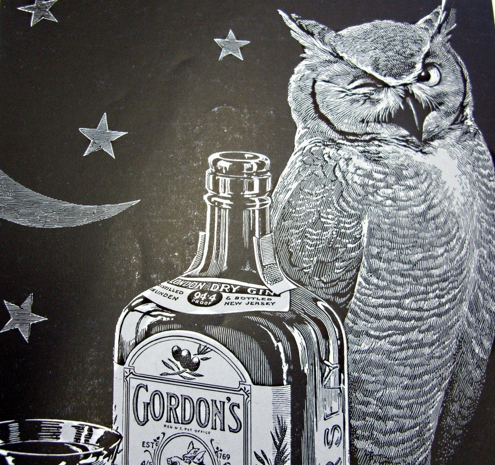 MAD MEN Ad  Vintage Fortune Magazine The Wise Man Asks for Gordons Gin Alcohol The Heart Of A Good Cocktail   Winking Owl, Stars and Cocktail Engraving