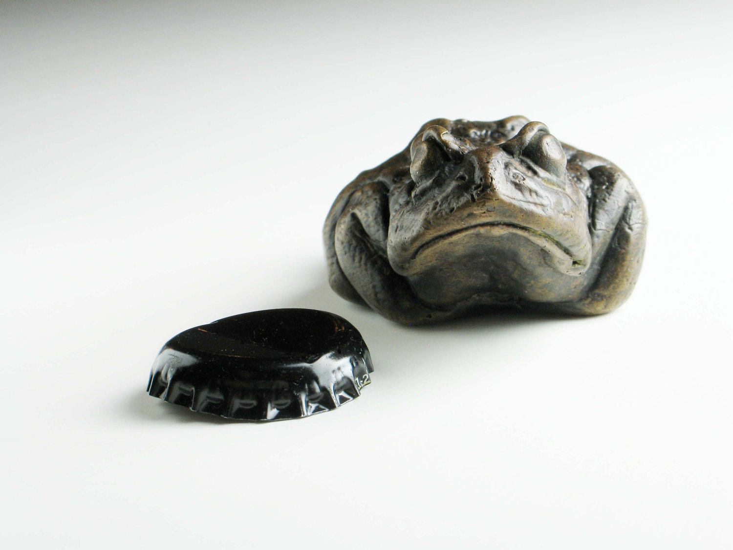 Toad Bottle Opener Bronze Sculpture, traditional patina