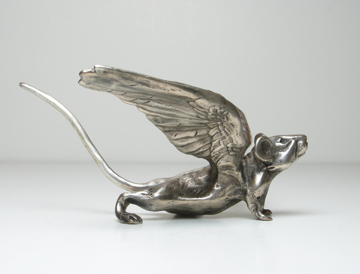 Winged Angel Pugnacious Mouse - bronze sculpture - around 7 inches nose tip to tail tip - Objet d'art metal ornament and luxury paperweight.