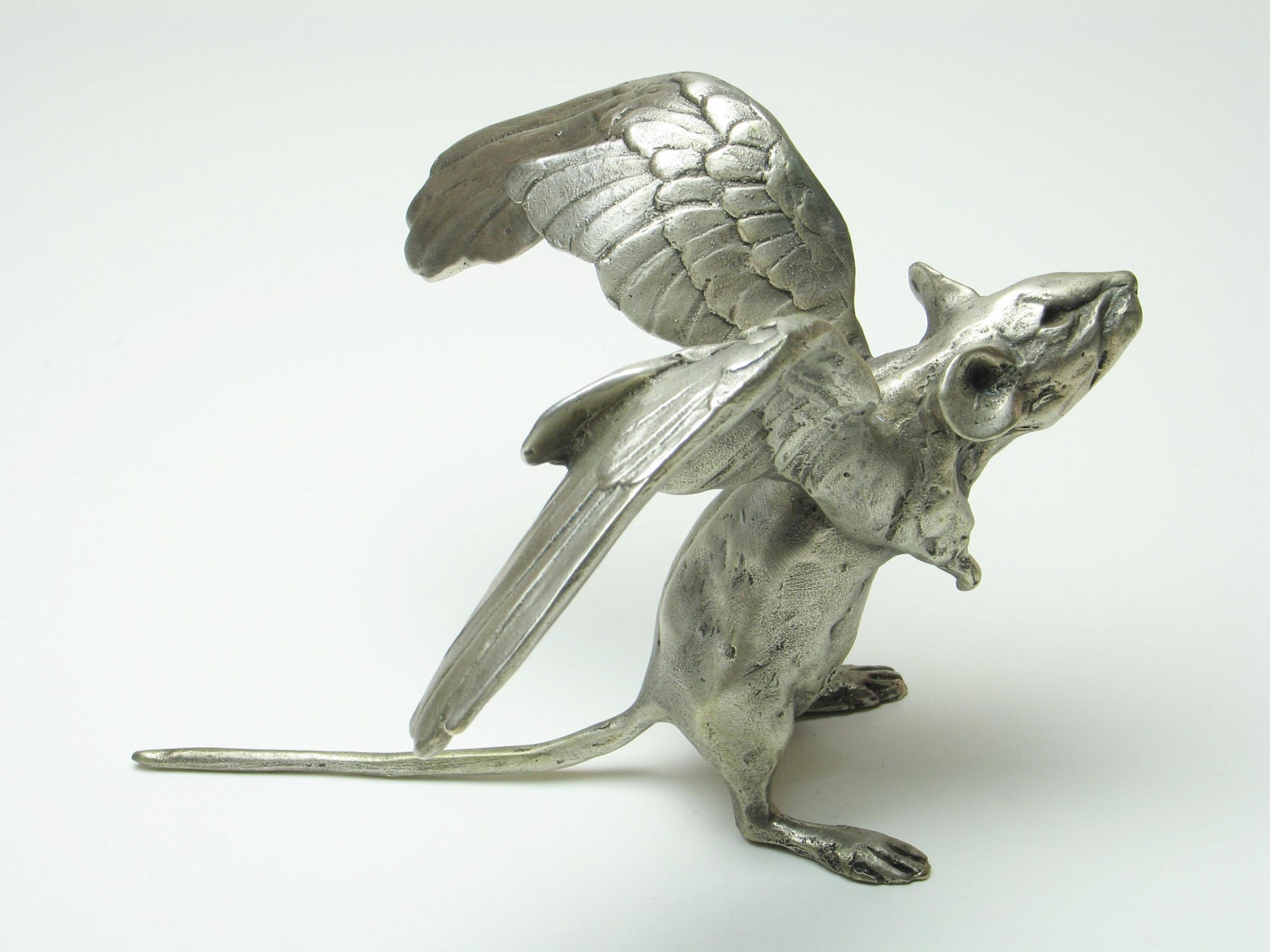 Winged Sprightly Mouse - Bronze Sculpture - 7 and a bit inches nose tip to tail tip - Objet d'art metal ornament and luxury paperweight.
