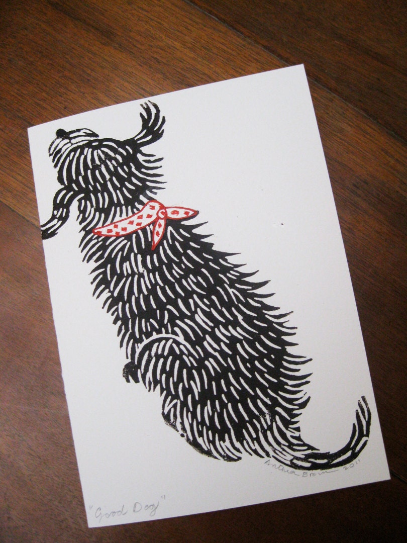 Good Dog, original linocut card