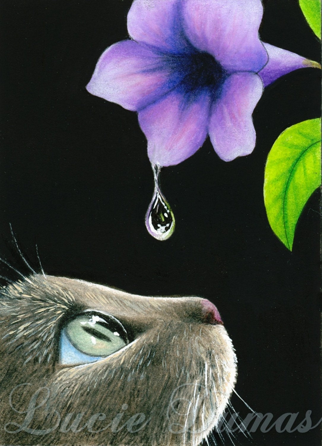 Art print 5x7 from ACEO painting Cat 409 flower by Lucie Dumas