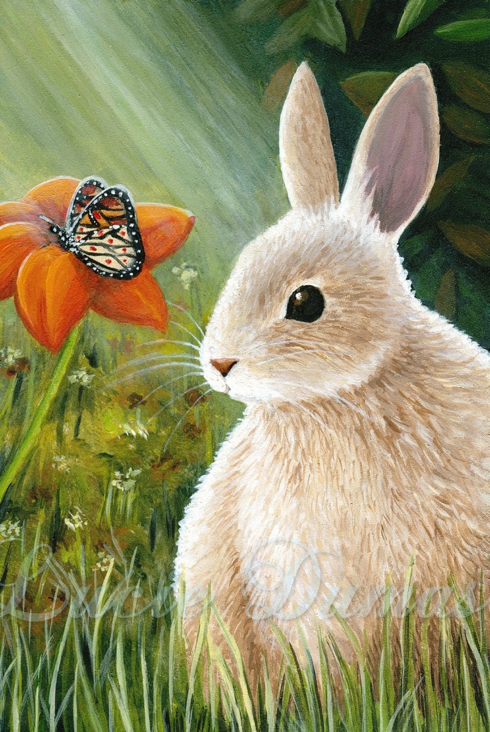 Art Print 5x7 Hare 55 rabbit, butterfly, painting by Lucie Dumas
