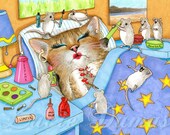 Art print 5x7 from ACEO painting Cat 508 mouse by Lucie Dumas