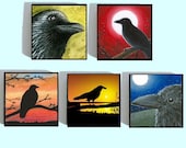 Fridge Magnets set of 5,  Birds Crow Raven from art paintings Wood tile 1x1 by L.Dumas