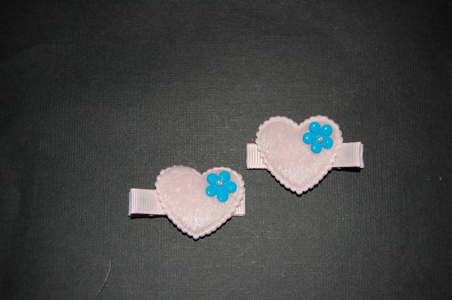 Light Pink Hearts with Blue Flowers Hair Clippies (Set of 2)