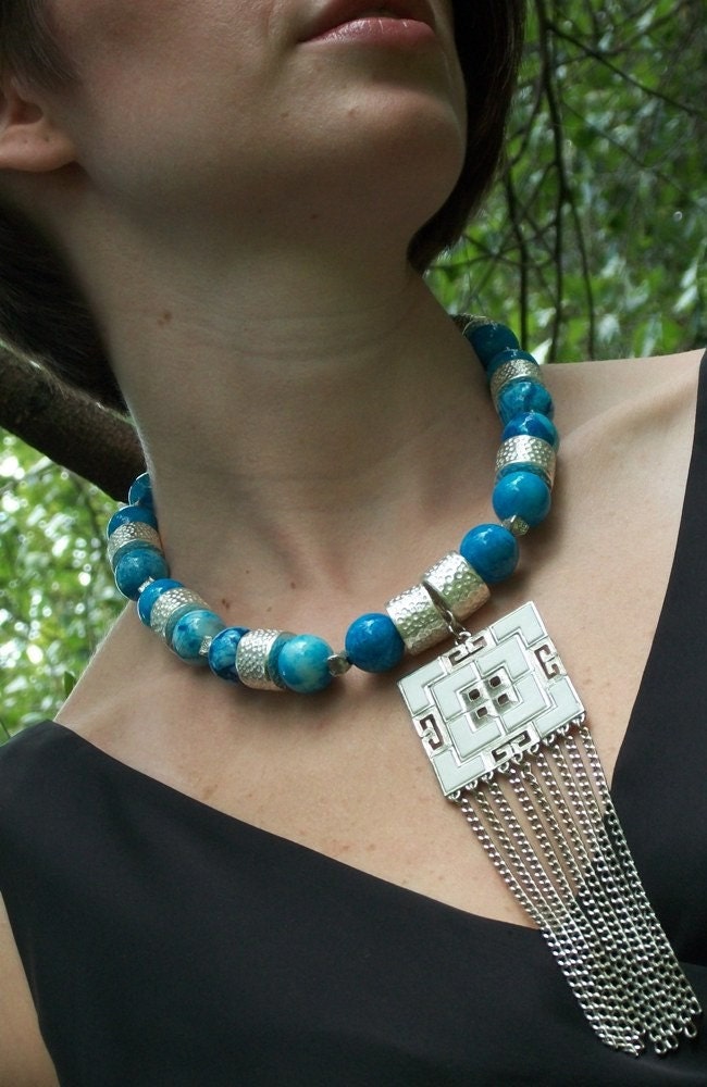 On the Fringe necklace - blue stone, Hill Tribe Silver, upcycled vintage pendant