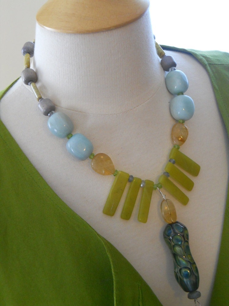 Strut Your Stuff necklace- GlassPeace bead, peridot, quartz, citrine, amazonite, etc.