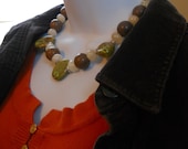 Queen of the Forest necklace - calcite, porcelain, tigerskin jasper, green, brown, white