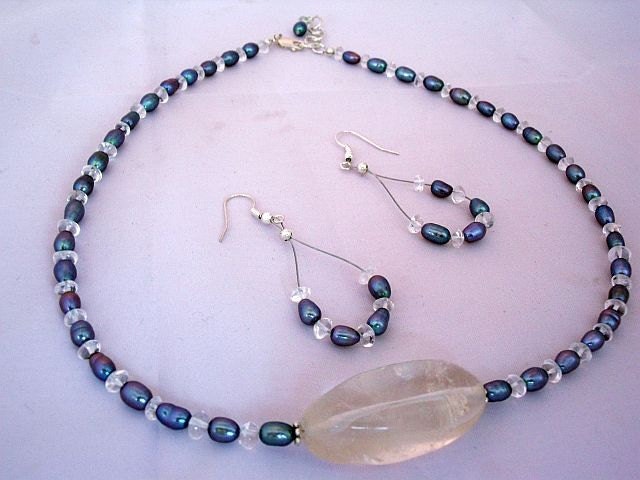 Necklace and Earrings Set  - Fresh Water Pearl and Large Quartz Focal Bead