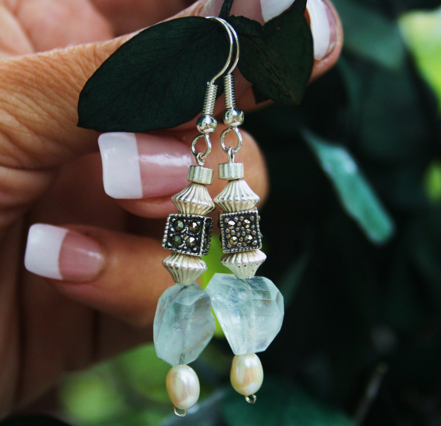 March Misty Blue Genuine Aquamarine, Pearls and Marcasite