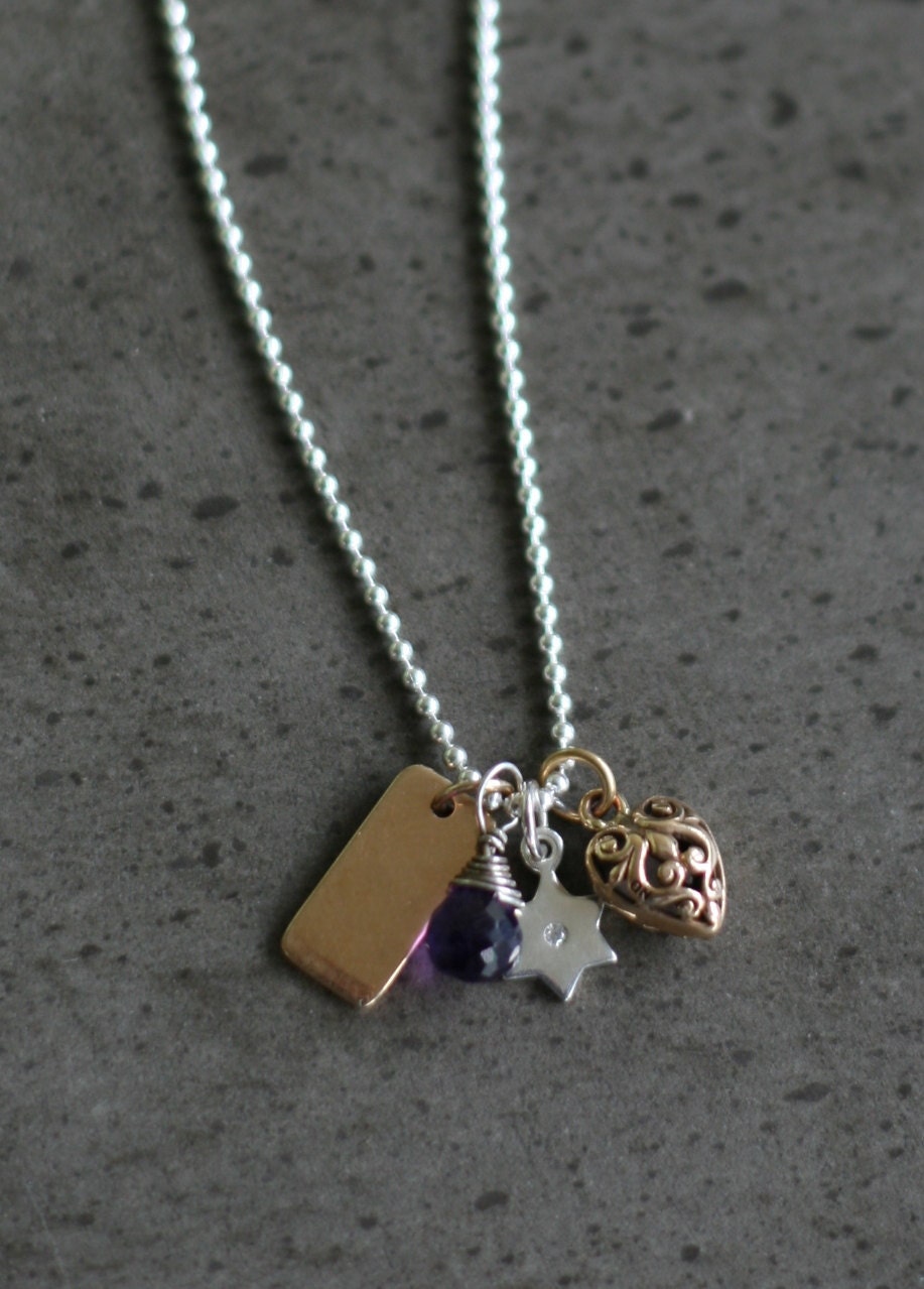 Mixed Metals Charm Necklace - Bronze, Sterling Silver, Diamond and Amethyst