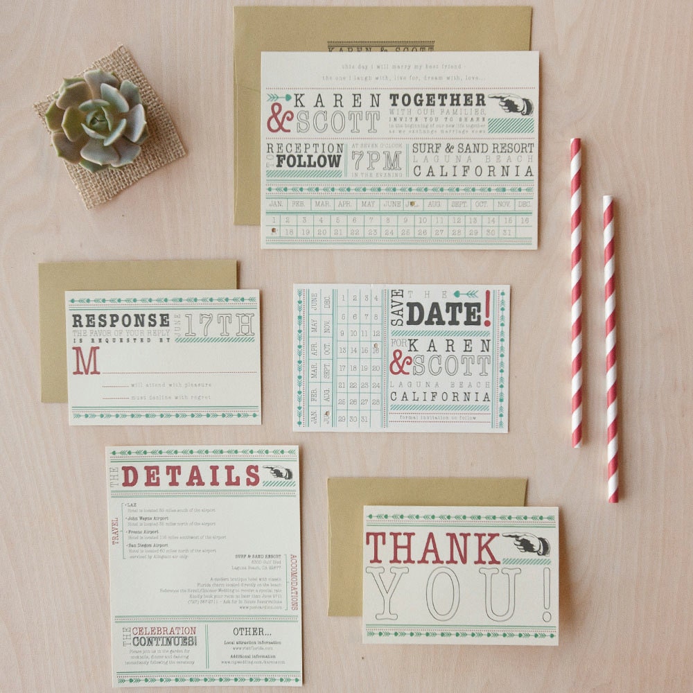 Vintage, Modern, Retro Wedding Invitation, Modern, Fun, Quirky, Punch Card, Bakers Twine Band-