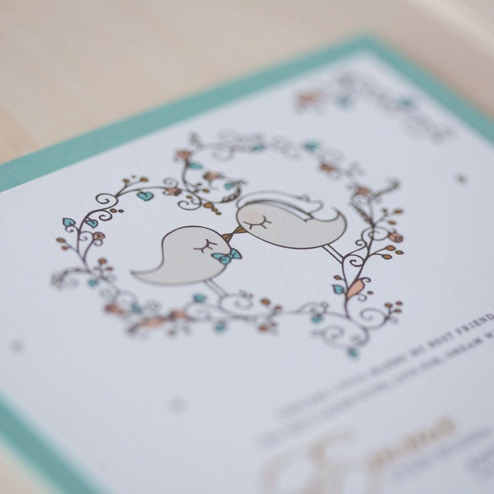 Vintage Love Birds Wedding Invitation - hand drawn, whimsical, double layer with belly band