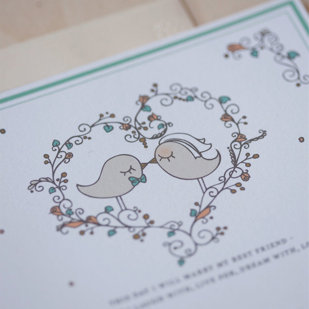 Vintage Love Bird Wedding Invitations - Emma Vintage Kissing Love Birds, hand drawn whimsical invitation -
