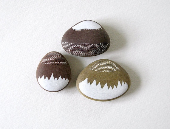 three handpainted beach pebbles // mountain range 3 // by natasha newton