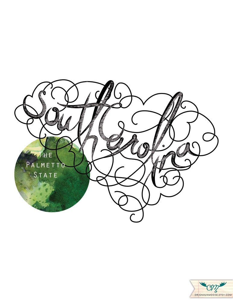 Calligraphic State. South Carolina 8 1/2 x 11 Print