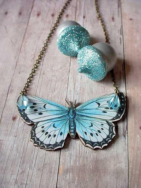 Moth Necklace Large Butterfly in Light Blue Black White
