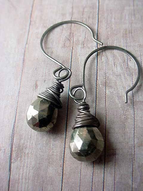 Pyrite Earrings Sterling Silver Wire Wrapped Faceted Metallic Briolette Dangle Gift Box