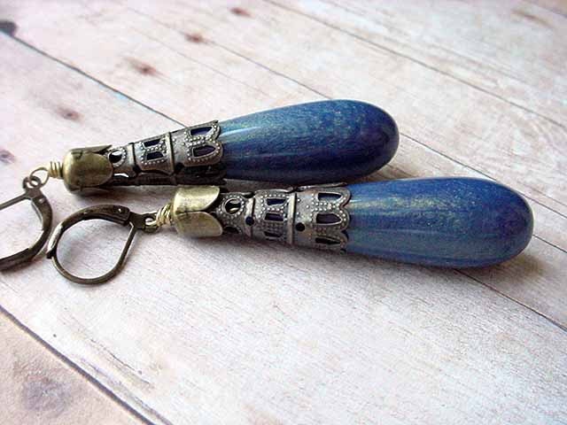 Midnight Blue Metallic Gold Glitter Drop Filigree Earrings Dangles Gift for Her under 25