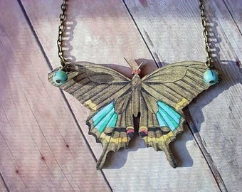 Moth Necklace in Taupe and Blue Neutral Shades Butterfly Pendant