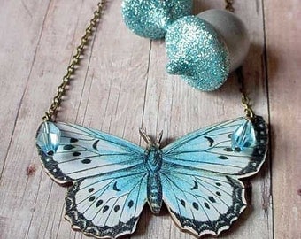 Moth Necklace Large Butterfly in Light Blue Black White
