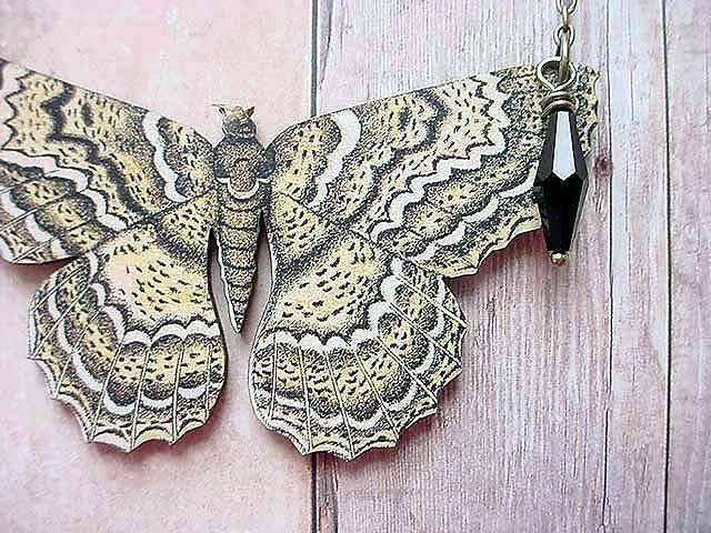 Moth Necklace Butterfly Pendant Black Yellow Wood for the Butterfly Collector Gift for Her Under 25