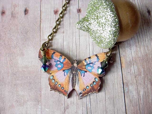 Butterfly Necklace in Peach, Apricot, Cornflower Blue Moth Pendant Gift Box