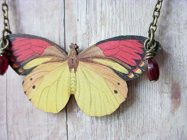 Butterfly Pendant in Red and Yellow necklace moth insect collector gift for her under 25 gift box