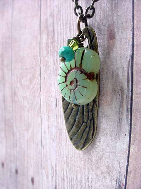 Insect Wing Entomology Pendant with Czech Glass Pale Mint Green Opal Snail Shell Gift for Her