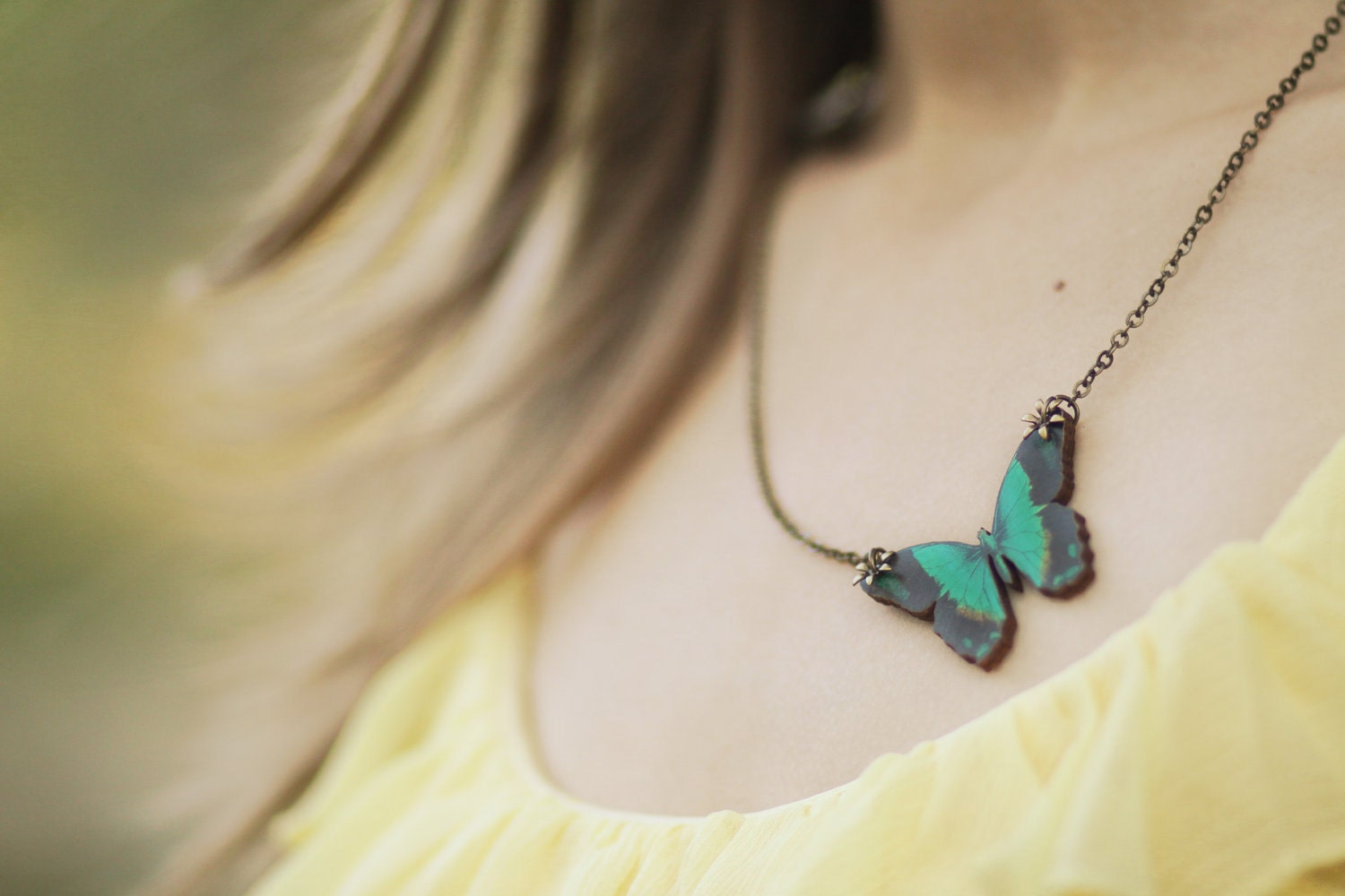 Teal Butterfly Necklace Blue Green Wood Insect Wings Pendant Gift for Her Under 25 Nature Lover