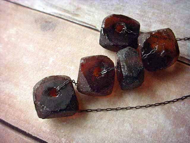 Recycled Glass Bottle Brown Beads Beach Glass Necklace Gunmetal Chain Gift Box