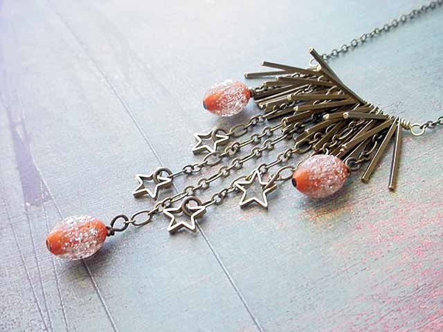 Bohemian Fringe Necklace Celestial Gold Stars, Fringe and Spikes Vintage Bib Tribal Statement Piece