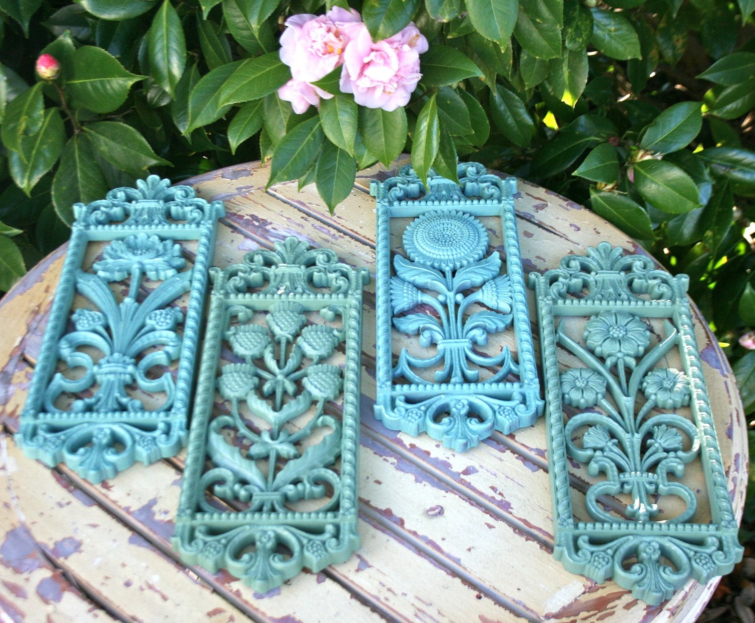 Vintage Floral Wall Sculptures  Aqua Blue & Jade Green Carved 1975 Homco Wall Art