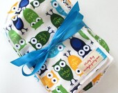 Baby Gift Set in Owls in Bright - Bib, Burp Cloth and Snuggle Blanket (can be done in other prints, just ask)