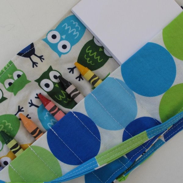 Crayon Roll for moms purse with 8 crayons and drawing paper Robert Kaufman Blue Owls (see shop annc. for free shipping offer)