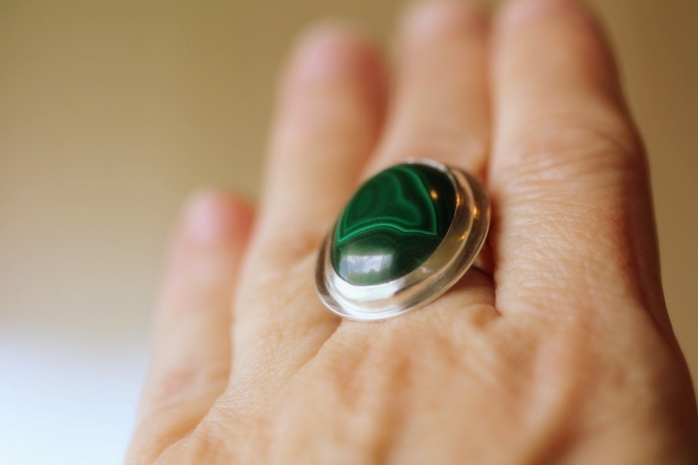 Mirror of the soul/ natural malachite and sterling silver Ring