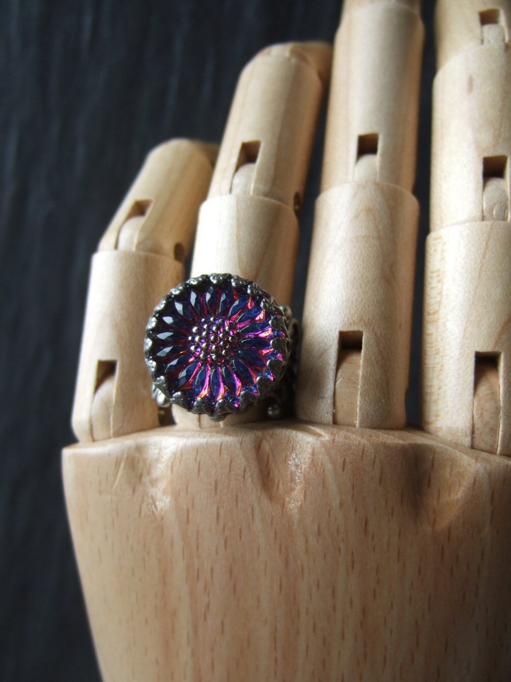 Sunflower  - Adjustable Czech Glass Ring in Antique Silver